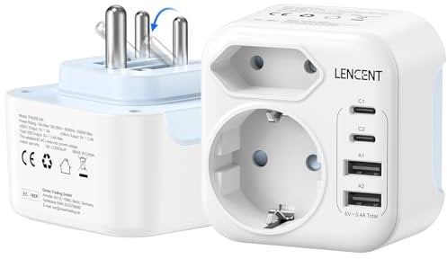 LENCENT Adaptateur Prise Inde avec 2 Type C et 2 USB-A, Adaptateur Type D 6 en 1 Prise Indienne Pliable pour Sri Lanka, Népal, Niger, Liban, Ghana, Myanmar, Sénégal
