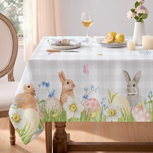 Softalker Tischdecke Ostern 240x140 cm abwaschbare Grau Weiss Kariert Kaninchen-Tischdecken Outdoor Wasserabweisend Gartentisch Rechteckig Tischtuch abwischbare Frühling für Garten Party Geburtstag