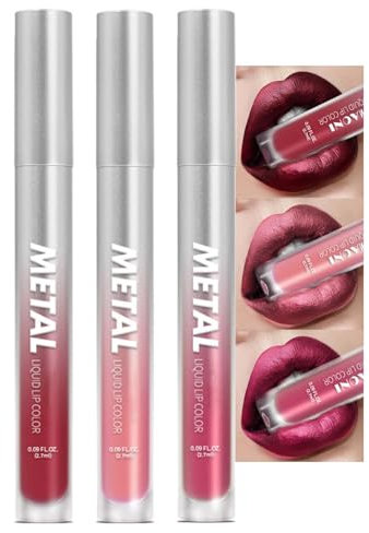 Metallic Lip Gloss Set, 3PCS Flüssige Lippenstift mit Matte Finish, Lipgloss Langanhaltend & Wasserfest, Liquid Lipstick Hochpigmentierter Shimmer Lippen, Seidige Textur, Feuchtigkeitsspendende Formel