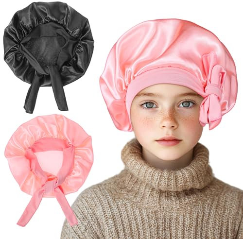 Nogeqi 2 Stück Kinder Silk Bonnet Sleep Cap Nacht, Elastisch Lastisch Seidenhaube Zum Schlafen, Atmungsaktive Satin Haarhaube Doppelschichten Haarpflege Für Jungen Mädchen (Tiefrot, Schwarz)