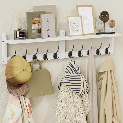 AMBIRD 87cm Wooden Wall Coat Hooks with Shelf - Stylish and Practical Wall-Mounted Storage - 10 Hooks for Hanging Coats, Hats, Keys, Bags, Scarves - Perfect for Entryway, Bedroom, and Closet (White)