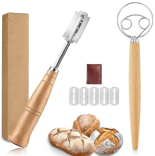 FLZONHUT Lame Boulanger,Fouet à Pâte Danois en Acier Inoxydable Couteau de Boulanger avec 5 pcs Blades et Cuir Cover Protection Fouet Danois Fouet à Pâte à Pain pour Pizza,Gâteau,Pâtisserie,Pâte