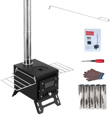 Mini réchaud à bois portable avec 5 tuyaux de cheminée et gants, poêle à bois pliable en acier inoxydable pour camping en plein air chauffage cuisine