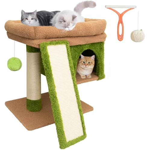 LEEJARD Kratzbaum klein für große Katzen XXL - 60cm hoch, Katzenbaum mit extra großer Plattform (40x50cm) & Kratzrampe, Stabiler Katzenturm für Senioren. Katzenbürste & Spielball, grün
