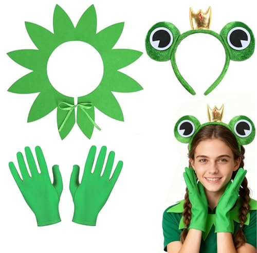 Gaumauwau Karneval Froschkönig Kostüm Damen Herren Kinder, Frosch Ohren Haarreif Handschuhe Schal Accessorie,Perfektes Froschkönig Kostüm für Karneval, Mottopartys