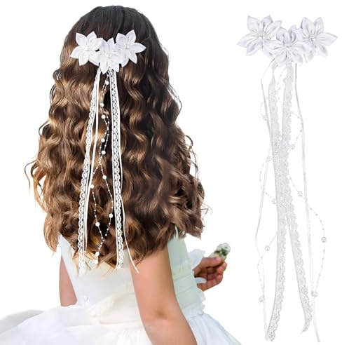 Haarschmuck Kommunion Mädchen Weiß Blume Kopfschmuck mit Blüten Perlen Organza Bänder für Kommunion Blumenkind Hochzeit Festival Kopfschmuck