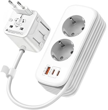 Reiseadapter Weltweit mit 1,8 m Kabel & Kabelaufwicklung am Gehäuse, 2 Schuko-Steckdosen, 30W PD, 2X USB-C + 1x USB-A, Universal Reisestecker für EU UK US AU, für Reise Hotel & Büro