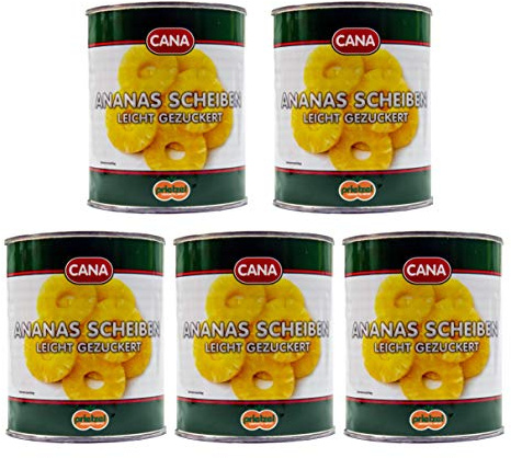 CANA Ananas Scheiben Ringe leicht gezuckert 5 Dosen Füllmenge 825g ATG 490g süß-säuerlich und fruchtig, zart und bissfest Top Produkt aus Thailand reif geerntet