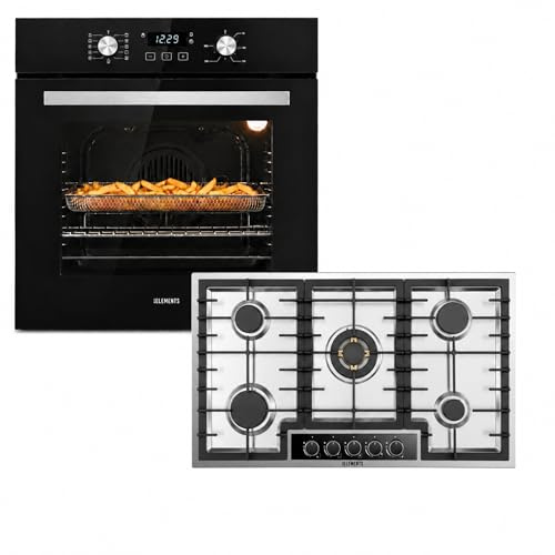 Gas Herdset | 60cm Einbaubackofen | Gaskochfeld 5 flammig 90 cm | Gasokchfeld mit VOLLKUPFER-BRENNERN | Kindersicherung | Grill | Air Fry Funktion | STEAM CLEAN