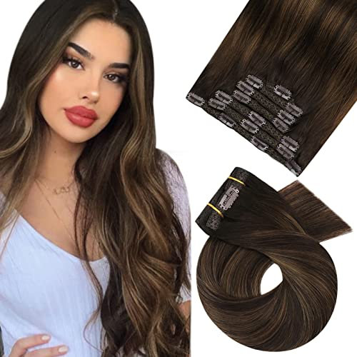 Moresoo Clip in Extensions Echthaar Balayage Braun Menschliches Haar Remy Clip Extensions Echthaar Voller Kopf Ombre Haarextension Echthaar Clips Dunkelbraun mit Mittelbraun 7pcs 120g 40cm