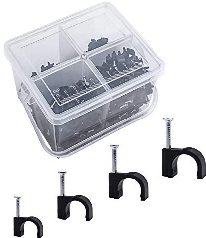 Round Cable Clips Assortment 6mm 7mm 8mm 10mm - Pack of 400, with Portable PP Box (Black)