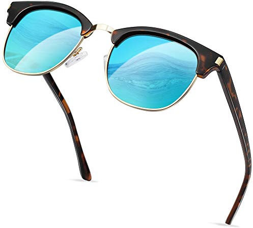 KANASTAL Tortoise Blue Sunglasses Mens Half Frame Mirrored Leopard Polarised Womens Vintage Retro Ladies Driving Road Trips Fishing Running - Tortoiseshell Metal Blue Lens