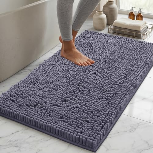 LuxUrux Bath Mat-Extra-Soft Plush Bath Shower Bathroom Rug, 1'' Chenille Microfiber Material, Super Absorbent Shaggy Bath Rug (Dark Grey, 42 x 60 cm)