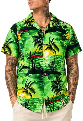 King Kameha Herren Hawaiihemd Kurzarm, Sommer Aloha Shirt mit Surfen-Print