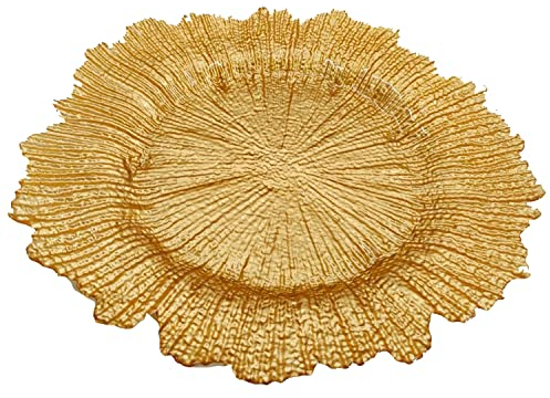 WedDecor Round Charger Plates Centerpiece Glass Presentation Plate Set Dinner Table Decorations Weddings Banquets Christmas Dining Parties Tableware, 33cm, Gold with Vintage, 1pc