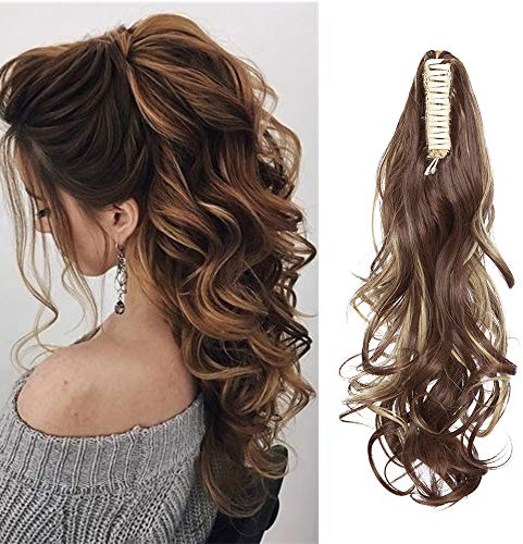SEGO Ponytail Extension Pferdeschwanz Haarteil Haarverlängerung Zopf mit Butterfly-Klammer Hair Piece Haar Glatt Hitzebeständig wie Echthaar Gewellt-Mittelbraun MiX Hellbraun 45 cm