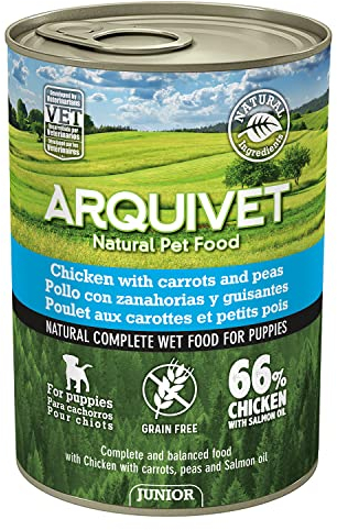 ARQUIVET Junior Pollo con Zanahorias, Guisantes y Aceite de salmón 400 gr - Lata de Comida húmeda para Perros Cachorros - Todas Las Razas - Alimentación Natural Canina