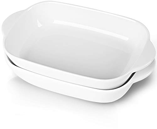 LEETOYI Juego de 2 platos de cerámica para hornear, porcelana de 2 piezas rectangulares con doble asa, panes para cocinar y cenar para tartas de 15,2 pulgadas, blanco apagado