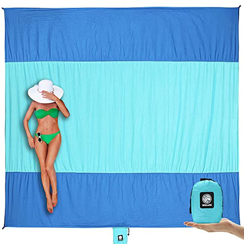 WEKAPO Beach Blanket Sandproof, Extra Large Beach Mat, Big & Compact Sand Free Mat Quick Drying, Lightweight & Durable with 6 Stakes & 4 Corner Pockets (Blue, 9x7 FT (1～5 Person))