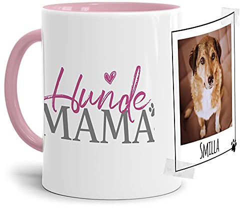 PfotenSchild Tasse mit Spruch - Collage Personalisieren - Hundemama - Für Hundeliebhaber und Hundebesitzer - 1 Bild + 1 Name, Innen & Henkel Rosa, 300 ml
