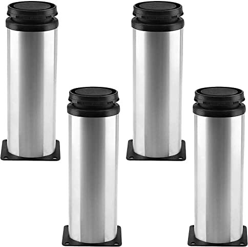 Cjueiom 4Pcs Stainless Steel Adjustable Legs 150mm / 5.9 Inch Furniture Feet, Chrome Bed Legs Kitchen Cabinet feet, Couch Sofa Legs Set Wardrobe Foot for Cupboard Worktop Coffee Table (Black & Silver)