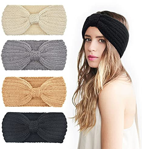 DRESHOW 4 Pièces Bandeau Cheveux pour Femme Bandeaux Hiver Serre-Tête Tricoté Oreille Réchauffeur Chaud Noué Bande Elastique Cheveux