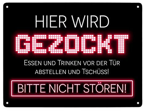 Hier wird gezockt Metallschild XXL in 28x38 cm für Gamer in rot lustige Geschenkidee für Jungen und Mädchen die Computerspiele lieben und am liebsten den ganzen Tag zocken würden