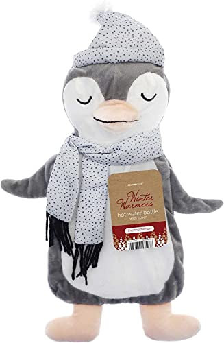 Festive Winter Warmers - Hot Water Bottle with Festive Animal Cover - 3 Characters to Choose from - Sleepy Penguin/Sleepy Polar Bear/Snuggly Reindeer… (Sleepy Penguin)