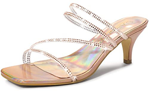 Allegra K Women's Rhinestone Strappy Kitten Heels Slide Sandals Rose Gold 5 UK/Label Size 7 US
