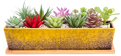 Sukkulenten-Blumentöpfe, 30 cm lang, rechteckig, Sukkulenten-Blumentöpfe mit Drainage, Bambusschalen, große Keramik-Kaktus-Blumenpflanzen für Innen- und Außenpflanzen, Heimdekoration, Gelb