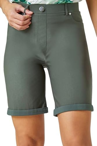 Roman Originals Stretch Shorts for Women UK Ladies Pull On Turned Hem Cut Off Bengaline Mom Boyfriend Boy Denim Casual Cropped Pants Capri Slim Fit Turn Up Summer Crops Mother - Forest - Size 12