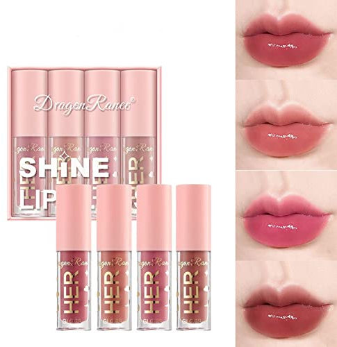 AINxtolm 4PCS Lip Gloss Set,Lipgloss Set,Lip Stain Long Lasting,Liquid Lipstick,Tinted Balm,Lip Oil Tint,Lip Plumper Gloss,Liquid Blush,Plumping Gloss,Nude Gloss,Lip Oil Tinted(#B), 10.0 millilitre