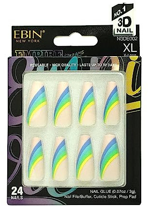 EBIN NEW YORK EMPIRE DREAMS - Good Vibes | Press on Nails Long and Extra Long Coffin Style, Colorful Patterns with Gloss and Matt Texture, Y2K Pop Style False Nales for Daily Wear, Festival