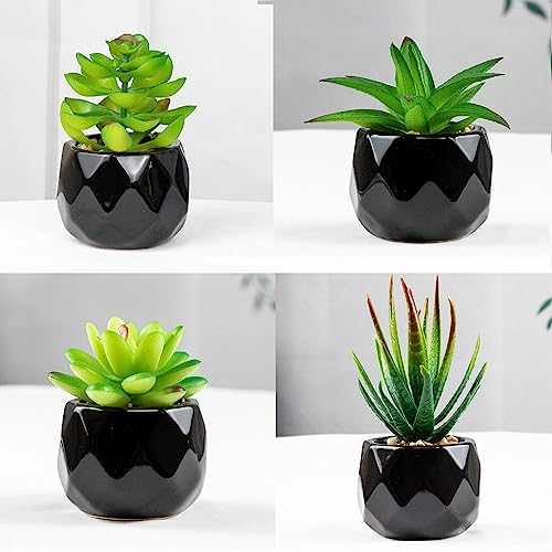 ARIATI Set of 4 Artificial Plants In Pots Indoor Outdoor Mini black Ceramic Potted, Green Succulents Decor for Bedroom Aesthetic, Faux Desk Plant for Bathroom,Living Room, Office Decoration