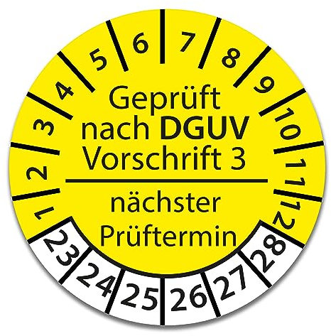 Prüfplakette DGUV V3 Nächster Prüftermin E-Check Elektro - 2023-2028 - Wasserfest/UV-Schutz - 30mm Plakette für Tritte Leitern Feuerlöscher Maschinen (DGUV V3 - Gelb, 250 Stk.)