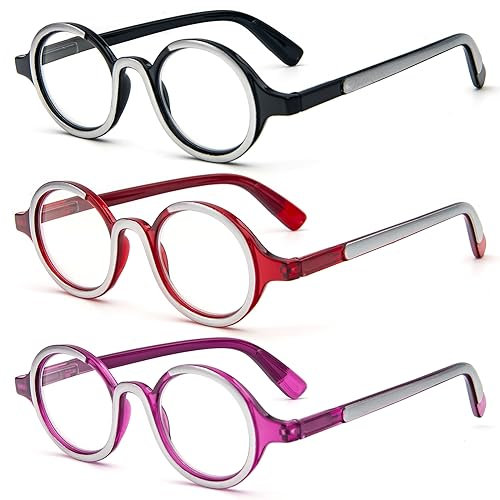 KoKoBin Confezione da 3 Occhiali da Lettura per donne e uomini Retro Round Oversized Frame Anti Luce Blu Occhiali con cerniera a molla (Nero/Rosso/viola, 1.5, x)