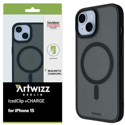 Artwizz IcedClip +Charge Hülle kompatibel mit iPhone 15 - Mattes Vereistes Design, Rückseite mit Soft-Touch, Stoßfeste Schutzhülle, Night-Black