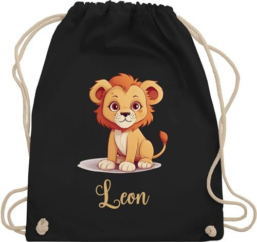 Turnbeutel Rucksack - Löwen - Löwe König der Tiere Leu mit Namen - Zootiere Tiermotiv - Unisize - Schwarz - tasche für die kita personalisierter beutel kindergarten löwenmotiv leon stoffbeutel