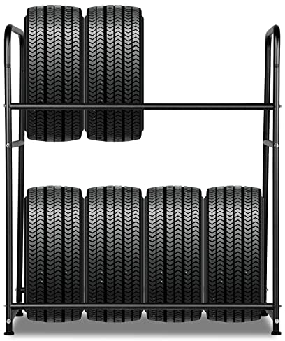 Fiqops Cavalletto per pneumatici, 8 pneumatici, 107 x 46 x 117 cm, albero dei cerchioni per pneumatici auto, capacità di carico 180 kg, scaffale con copertura di protezione per pneumatici, per garage,