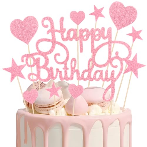Teselife 11pc Pink Star & Heart Cake Topper Kit - Birthday, Baby Shower, Anniversary - Pink