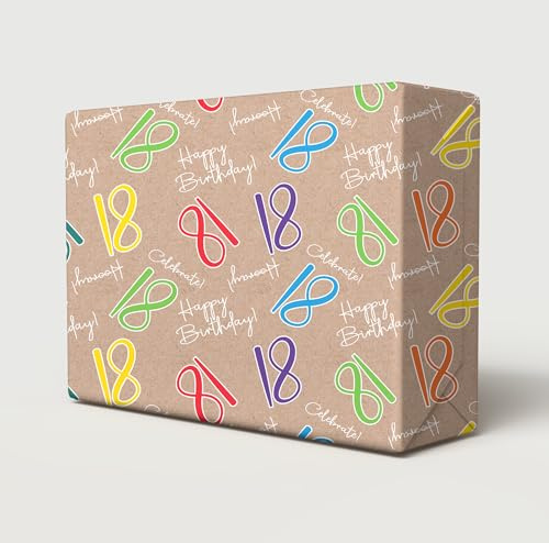 Geschenkpapier zum 18. Geburtstag, Aufschrift Happy Birthday, mehrfarbig, Braun, Unisex, Geschenkpapier zum 18. Geburtstag, männlich, weiblich, 4 Bögen