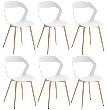 JZGORC Lot de 6 Chaises de Salle à Manger Nordiques, Chaises de Cuisine, avec Pieds de Chaise en Métal, Grand Design de Dossier évidé, idéal pour Salon, Salle de Détente -Blanc + Bois