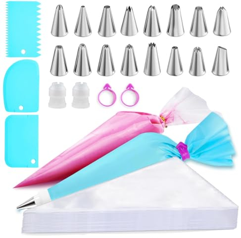 NCCHDZSW Sac à poche con bustine professionali, 125 pezzi, 100 sac à poche 16 sacchetti da pasticceria, 3 raschietti, 2 sacchetti per torte, 2 bagni in gomma, 2 sac à poche in silicone per torte,