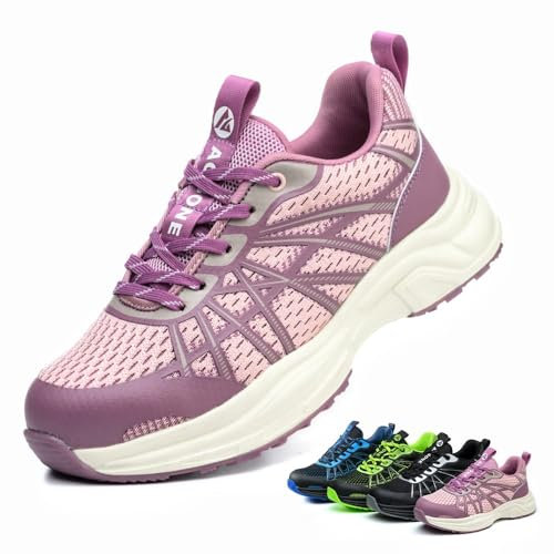 AOACOEBN Chaussures de Sécurité Hommes Femme Chaussures de Travail Légère Confortable Basket de Securite Respirante Antidérapant avec Embout en Acier Protection, Rose, 37 EU