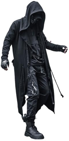ELKNLMU Gothic Cloak Long Hoodie Herren Schwarz Zauberer Hoodies Streetwear Cardigan Hoodie Techwear Herren