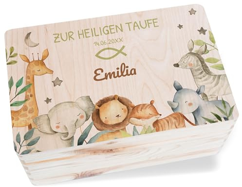 Shirtracer Erinnerungsbox Baby personalisiert Taufe Tiere Safari | Holz, 30x20x14 cm, Patenkind, Segen, Taufgeschenke, Holzkiste, Erinnerungskiste, Aufbewahrungsbox, Geschenkebox, Kartenbox
