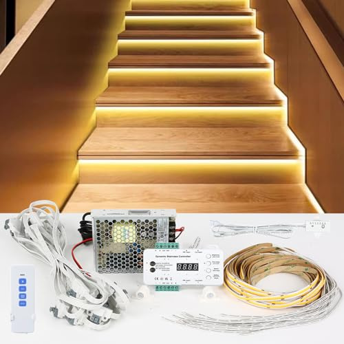 Inscrip LED Treppenstufenbeleuchtung, DC 12V-24V 16 Schritte RL-STEP-09 Upgrade LED Bewegungsmelder Nacht PIR Fernbedienung Treppenlicht Set mit Netzteil und Lichtleiste und Fernbedienung (2700K)