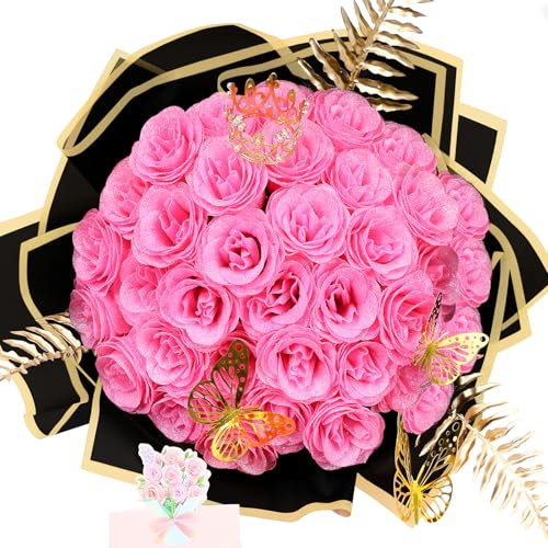 DIY Glitter Roses Bouquet 36 Pack - Artificial Shiny Flowers Bouquet Fake Eternal Floral with Stems Flower Wrapping Paper 3D Butterflies Crowns for Anniversary Valentine's Day Birthday -Hot Pink Rose