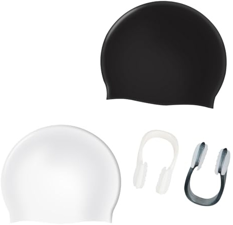 Lot de 2 bonnets de bain + 2 pince-nez – Chapeaux de natation imperméables pour femme/homme, adultes/enfants, bonnets de bain réglables avec protection des cheveux longs (blanc et noir)