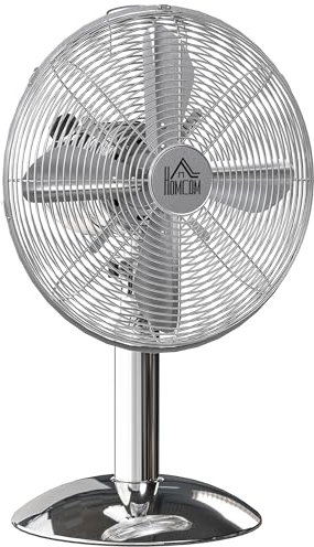 HOMCOM 12 Metal Desk Fan with 3 Speed Settings, Wide-Angled Oscillation, Adjustable Tilt, Portable Table Fan for Bedroom or Home Office, Silver Tone